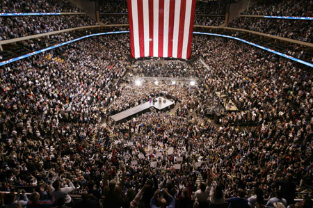 An overall view of the South Dakota and Montana presidential primary election night rally for US Democratic presidential candidate Senator Barack Obama (D-IL) at the Xcel Energy Center in St. Paul, Minnesota June 3, 2008.