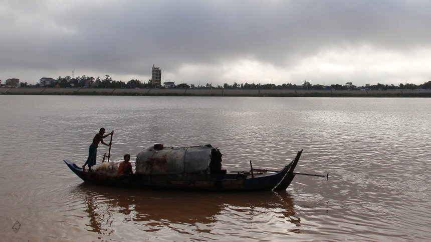 A Cambodian fishing boat on the Mekong River in Phnom Penh, Cambodia.